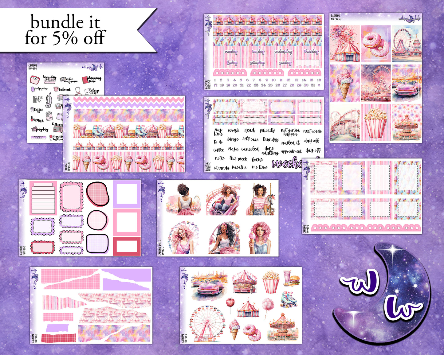 Carnival weekly sticker kit, STANDARD VERTICAL format, a la carte and bundle options. WW937
