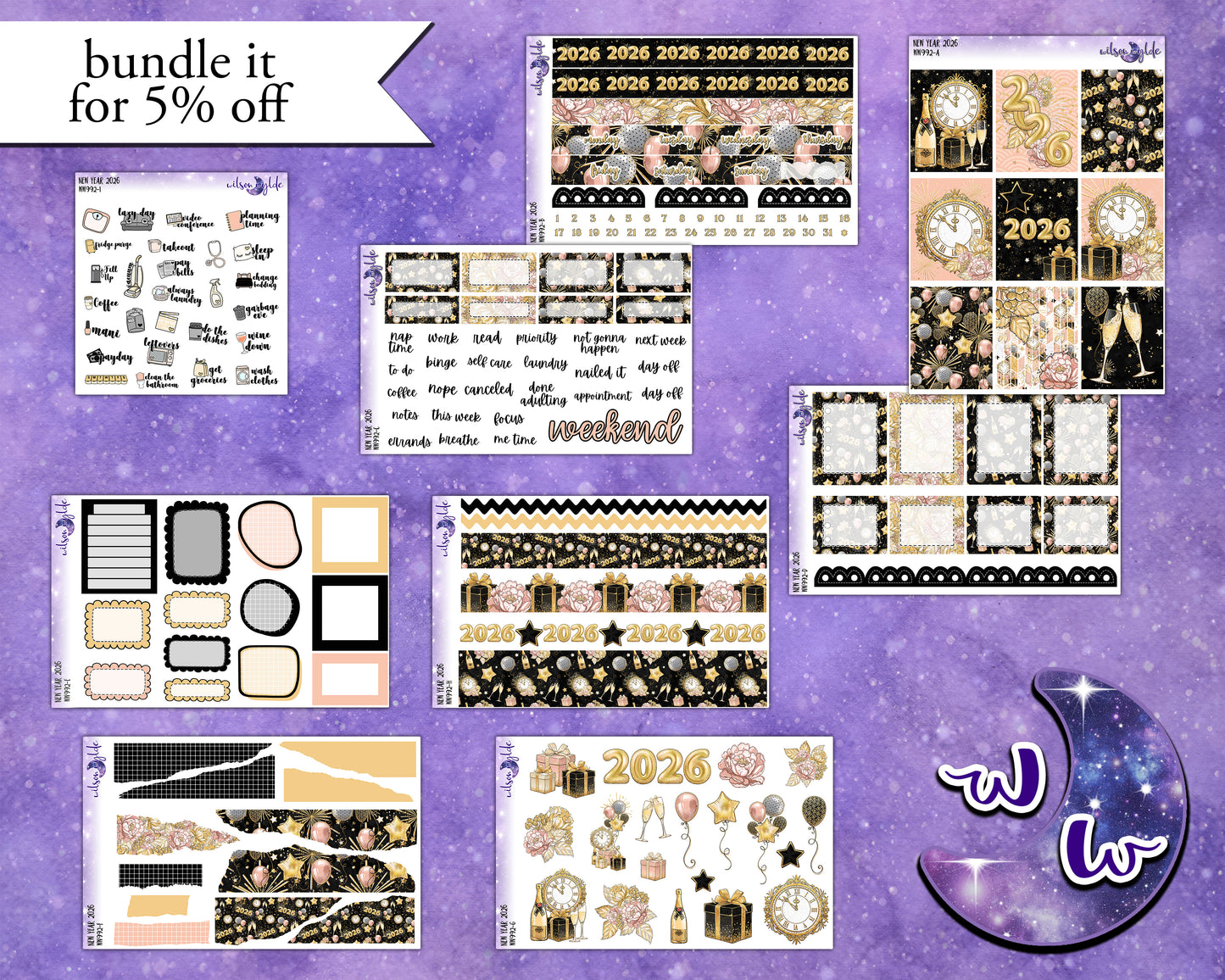 New Year 2026 weekly sticker kit, HOBONICHI COUSIN format, a la carte and bundle options. WW992
