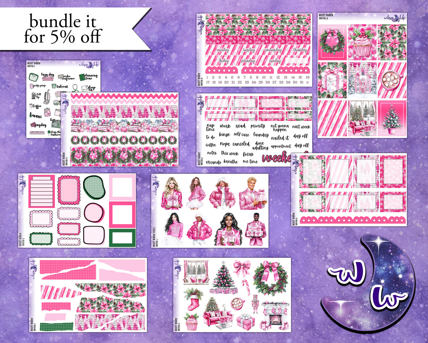 Merry Manor weekly sticker kit, HOBONICHI COUSIN format, a la carte and bundle options. WW991