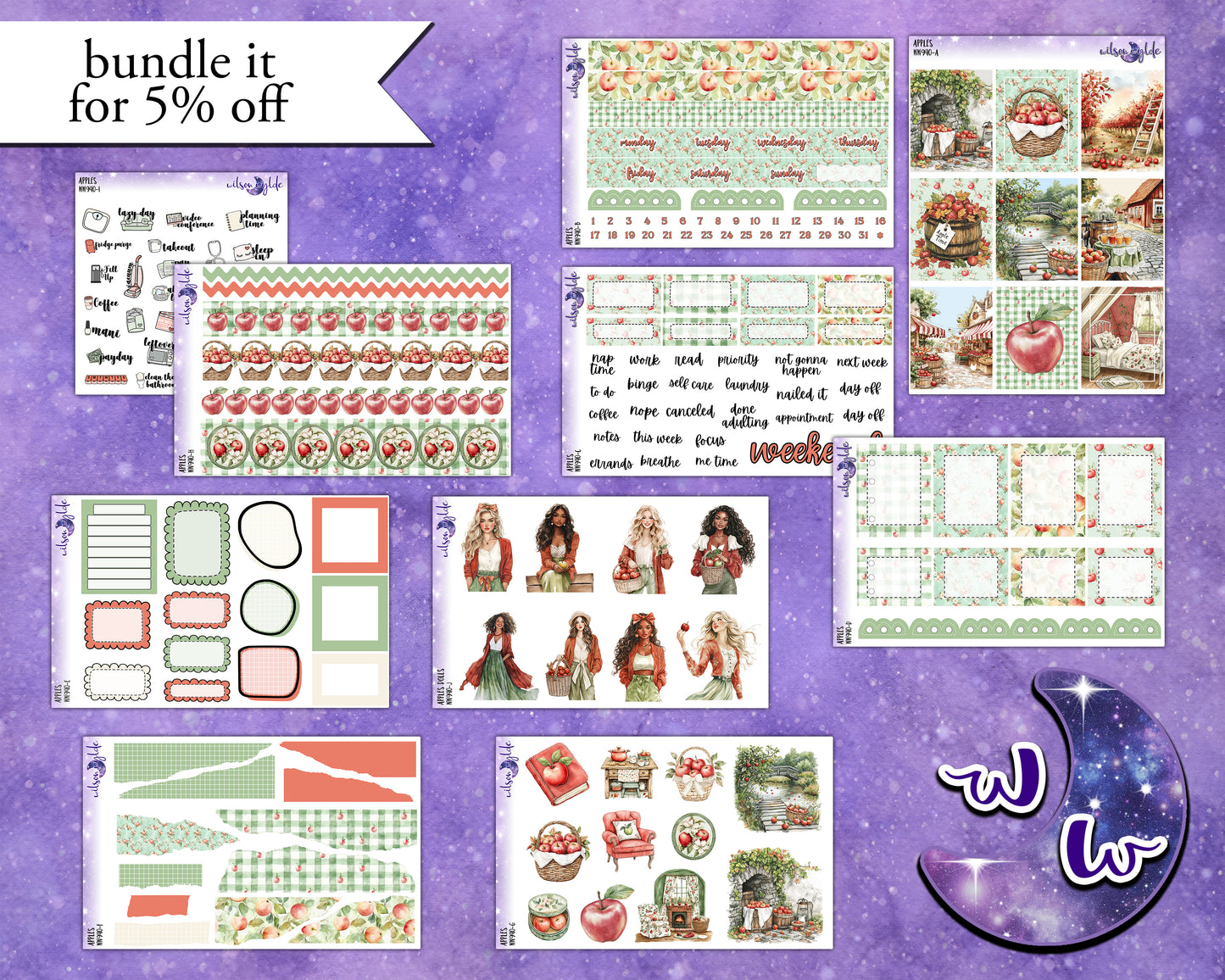 Apples weekly sticker kit, HOBONICHI COUSIN format, a la carte and bundle options. WW940