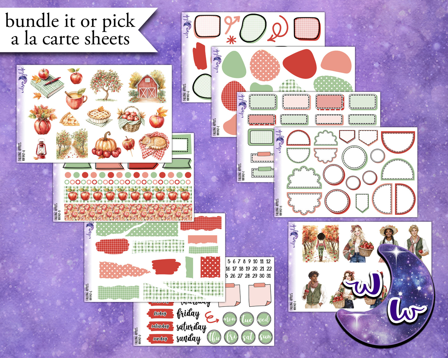 Falling Apples journaling sticker kit, a la carte and bundle options. WW947