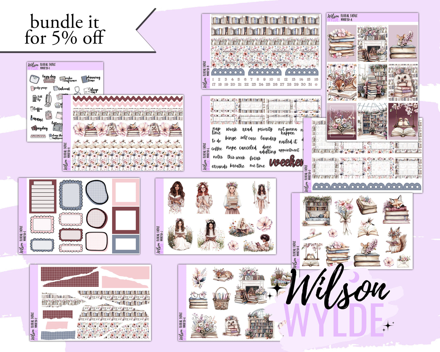 Floral Fable weekly sticker kit, HOBONICHI COUSIN format, a la carte and bundle options. WW1031