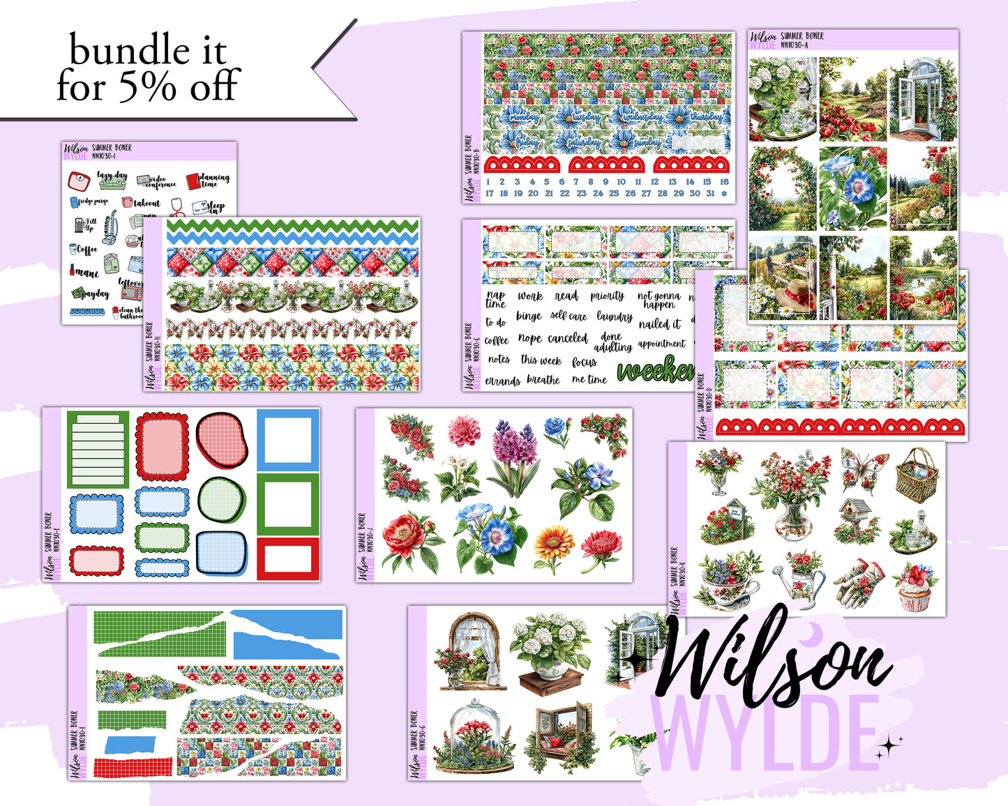 Summer Bower weekly sticker kit, STANDARD VERTICAL format, a la carte and bundle options. WW1030