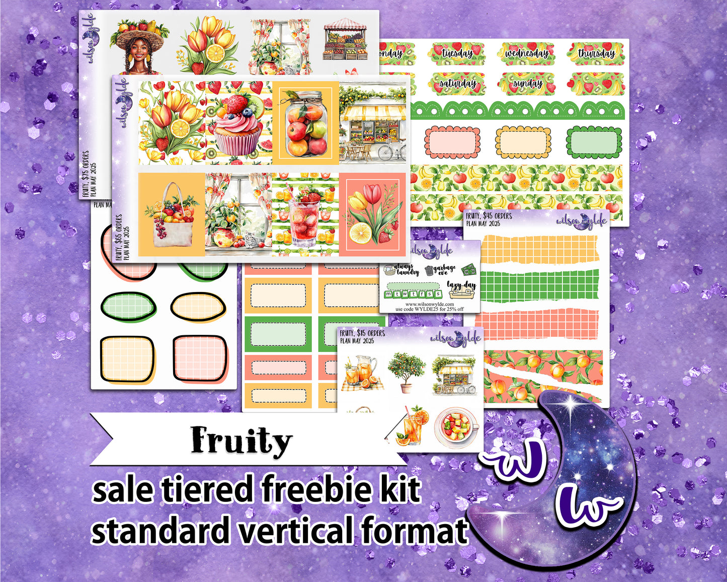 Fruity, tiered freebie kit, standard vertical format. 8 planner sticker sheets, includes deco, full and appointment boxes.
