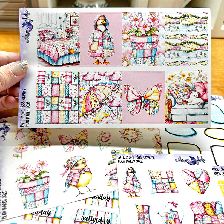 Patchwork, tiered freebie kit, standard vertical format. 8 planner sticker sheets, includes deco, full and appointment boxes.