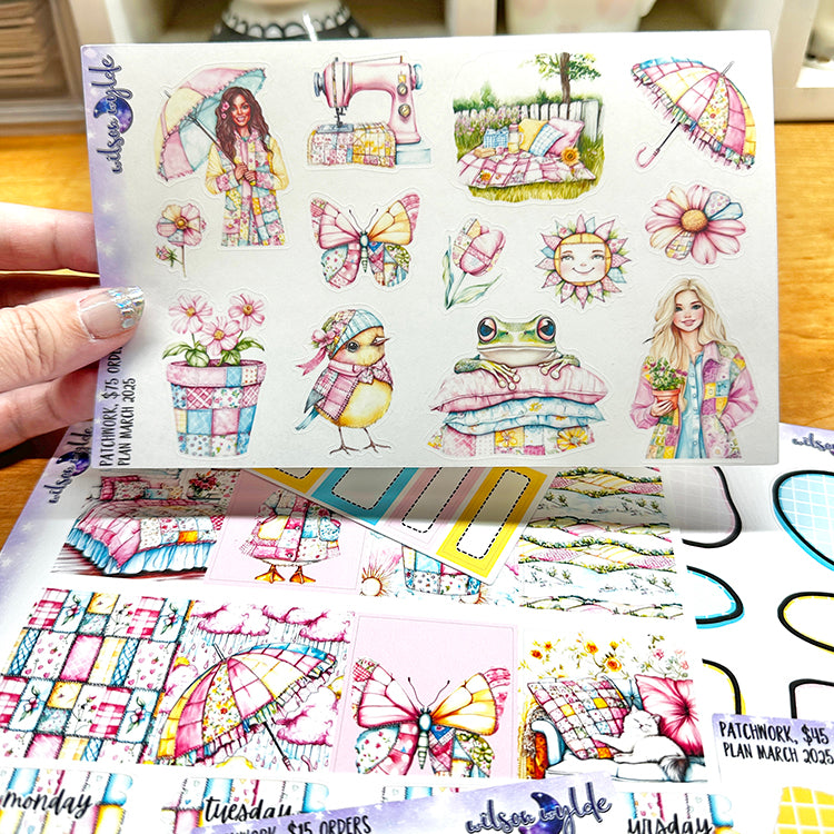 Patchwork, tiered freebie kit, standard vertical format. 8 planner sticker sheets, includes deco, full and appointment boxes.