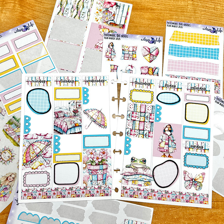 Patchwork, tiered freebie kit, standard vertical format. 8 planner sticker sheets, includes deco, full and appointment boxes.