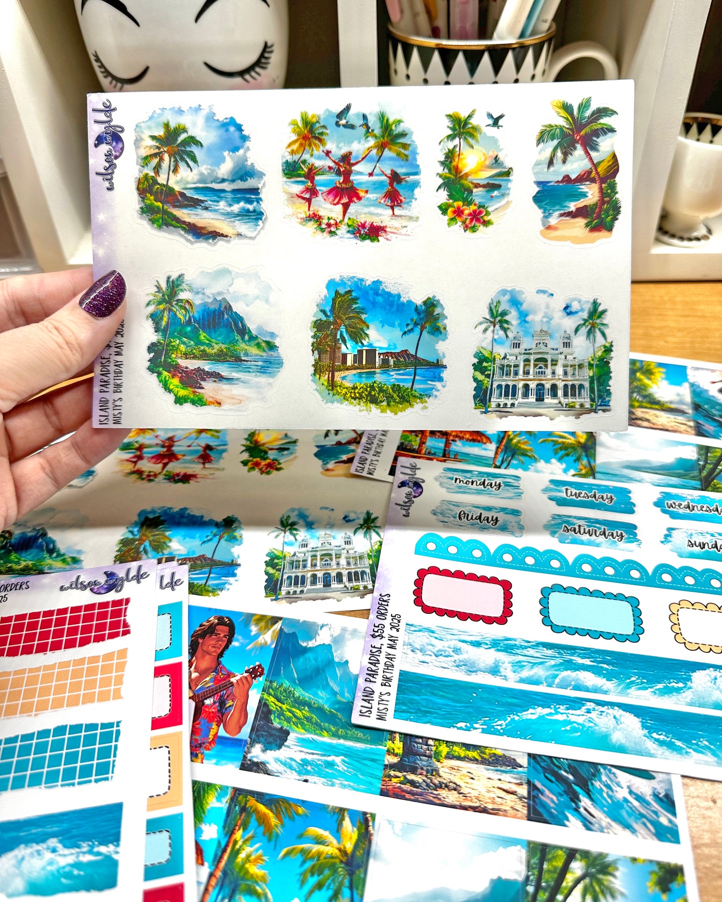 Island Paradise, tiered freebie kit, standard vertical format. 8 planner sticker sheets, includes deco, full and appointment boxes.