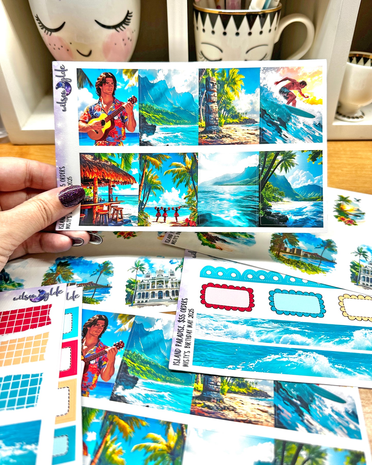 Island Paradise, tiered freebie kit, standard vertical format. 8 planner sticker sheets, includes deco, full and appointment boxes.