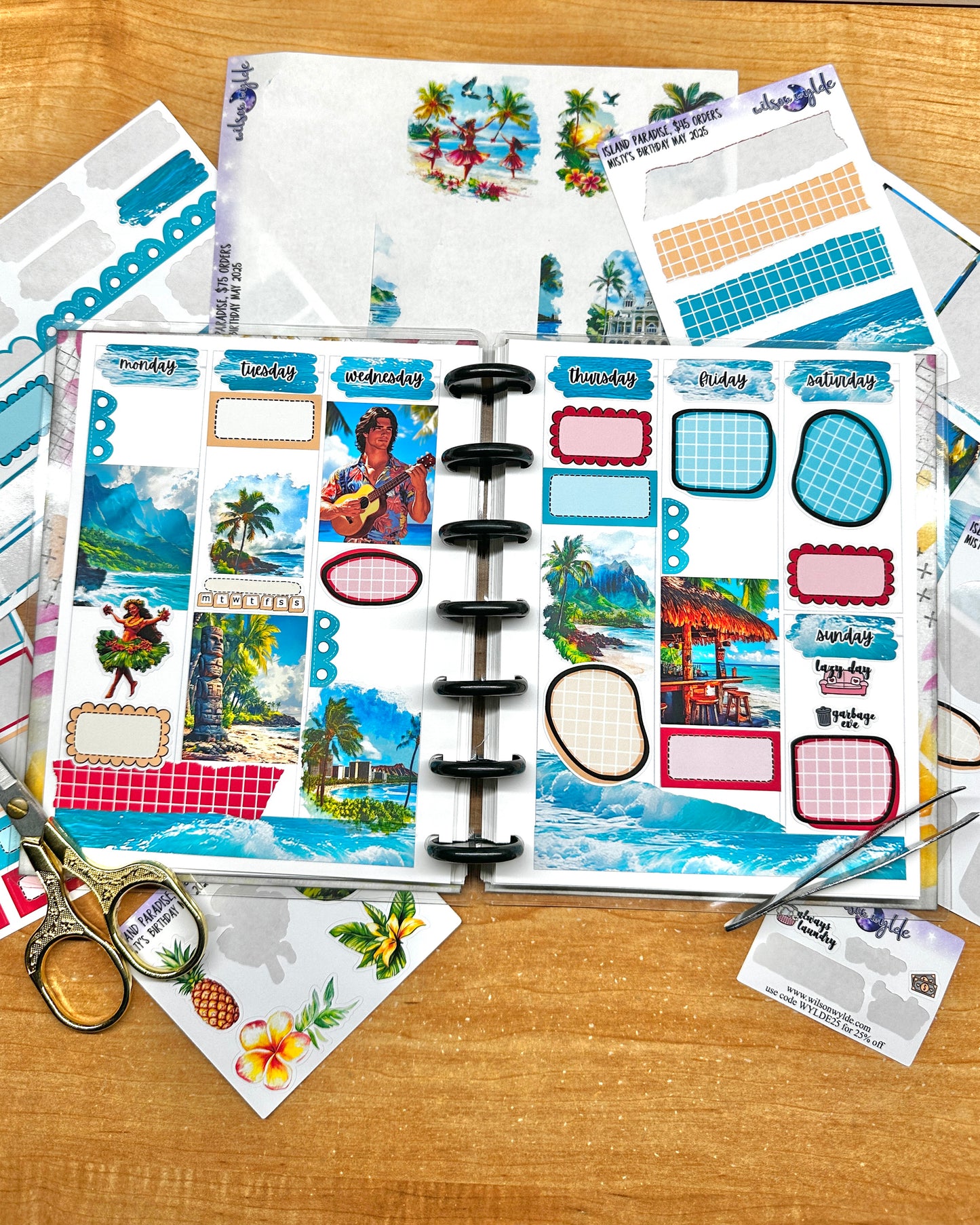 Island Paradise, tiered freebie kit, standard vertical format. 8 planner sticker sheets, includes deco, full and appointment boxes.