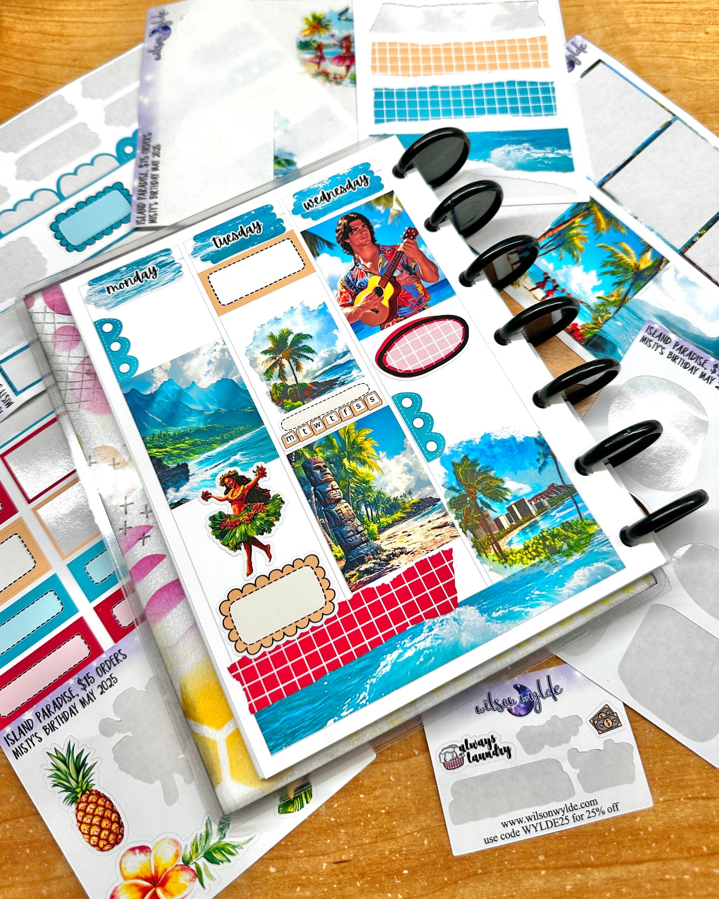 Island Paradise, tiered freebie kit, standard vertical format. 8 planner sticker sheets, includes deco, full and appointment boxes.