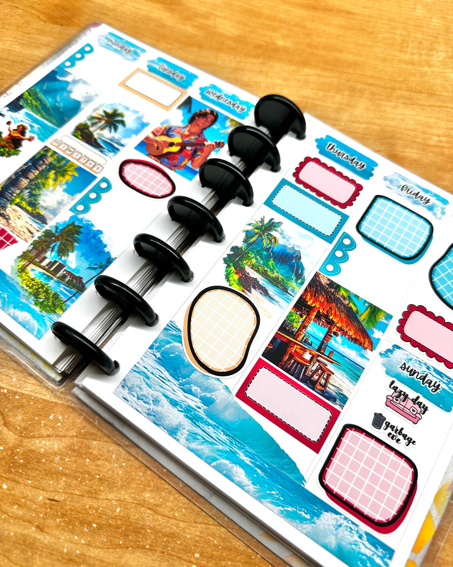 Island Paradise, tiered freebie kit, standard vertical format. 8 planner sticker sheets, includes deco, full and appointment boxes.