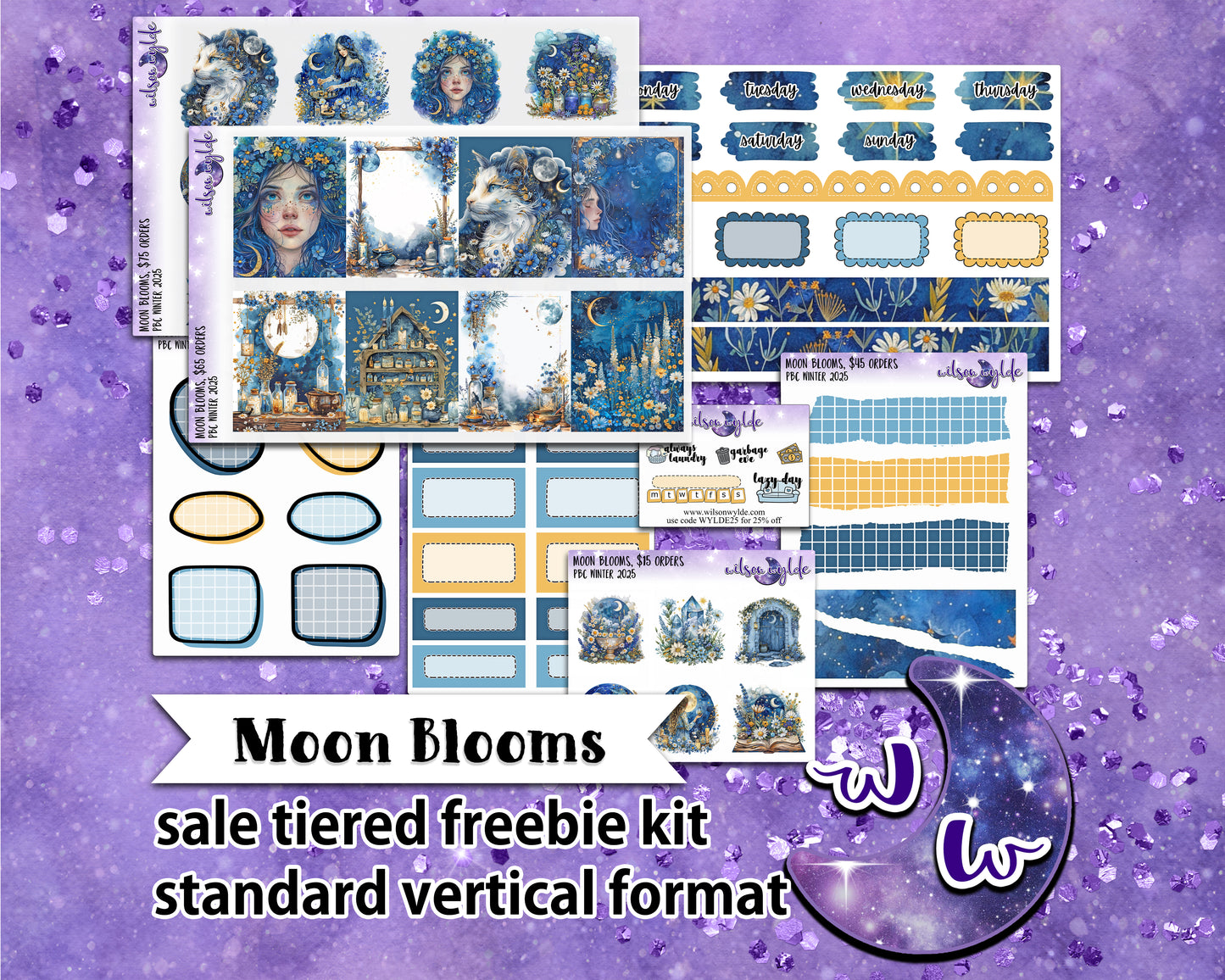 Moon Blooms, tiered freebie kit, standard vertical format. 8 planner sticker sheets, includes deco, full and appointment boxes.