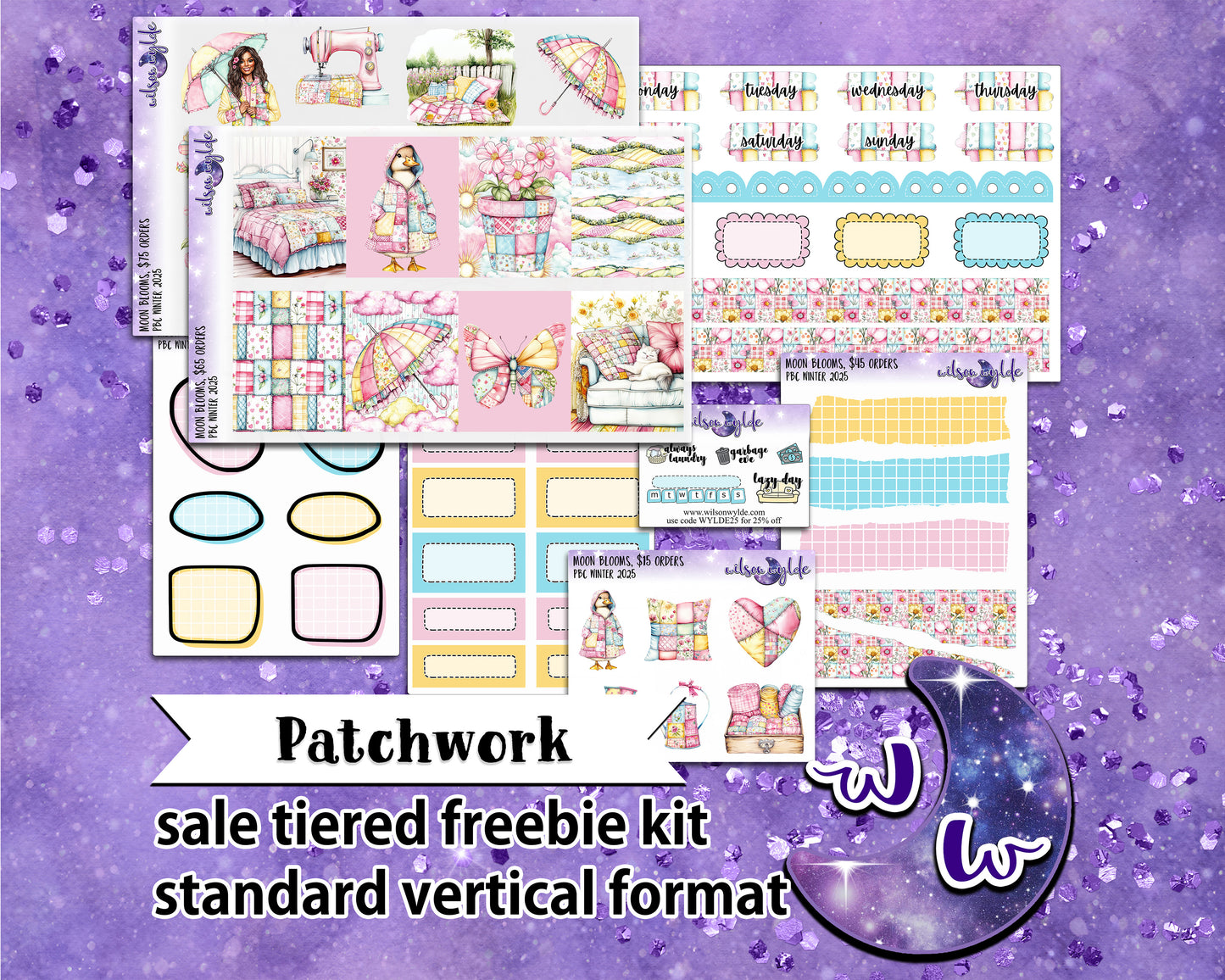 Patchwork, tiered freebie kit, standard vertical format. 8 planner sticker sheets, includes deco, full and appointment boxes.
