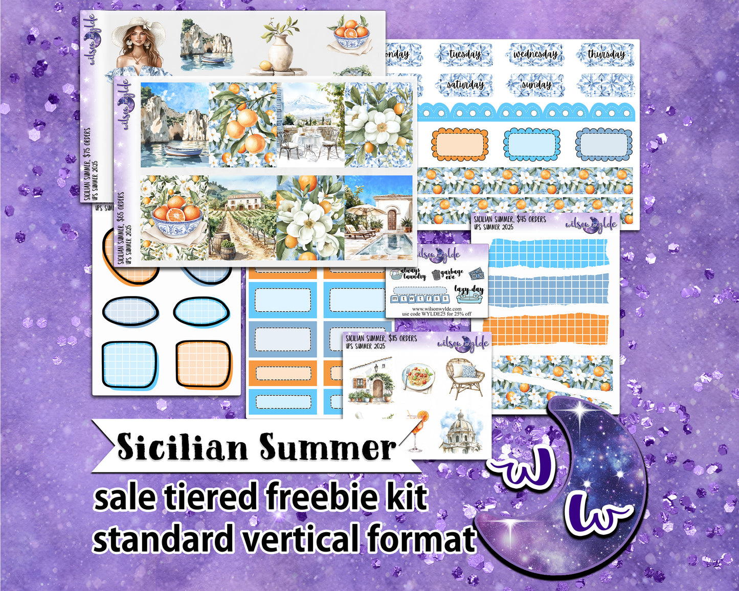 Sicilian Summer, tiered freebie kit, standard vertical format. 8 planner sticker sheets, includes deco, full and appointment boxes.