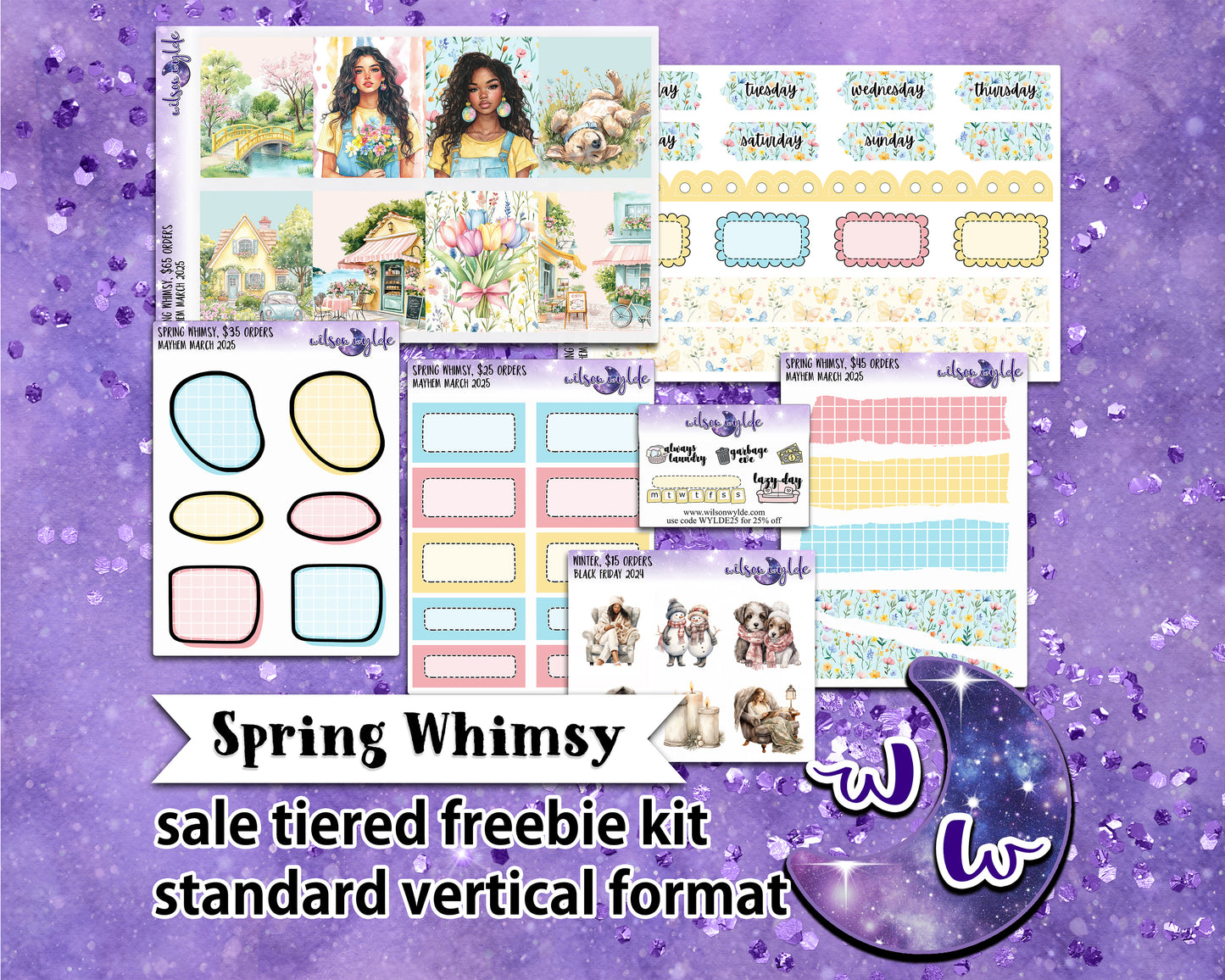 Spring Whimsy, tiered freebie kit, standard vertical format. 7 planner sticker sheets, includes deco, full and appointment boxes.