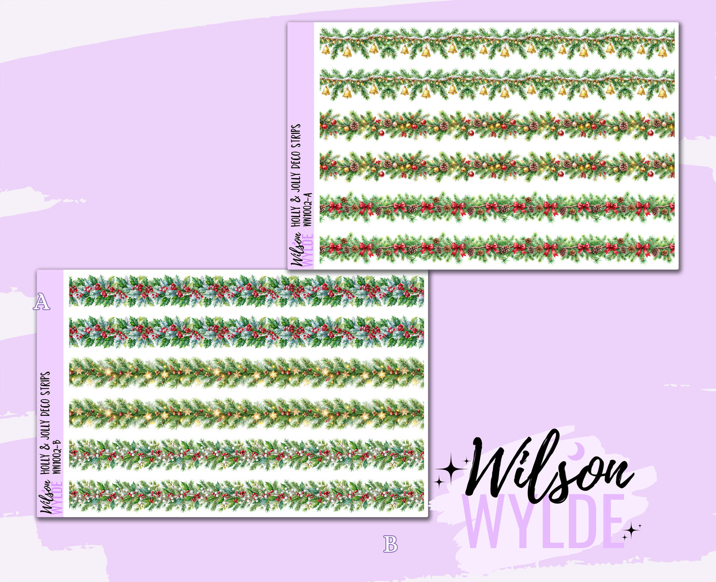 Holly & Jolly deco strips planner stickers, Matte or frosted clear. WW1002