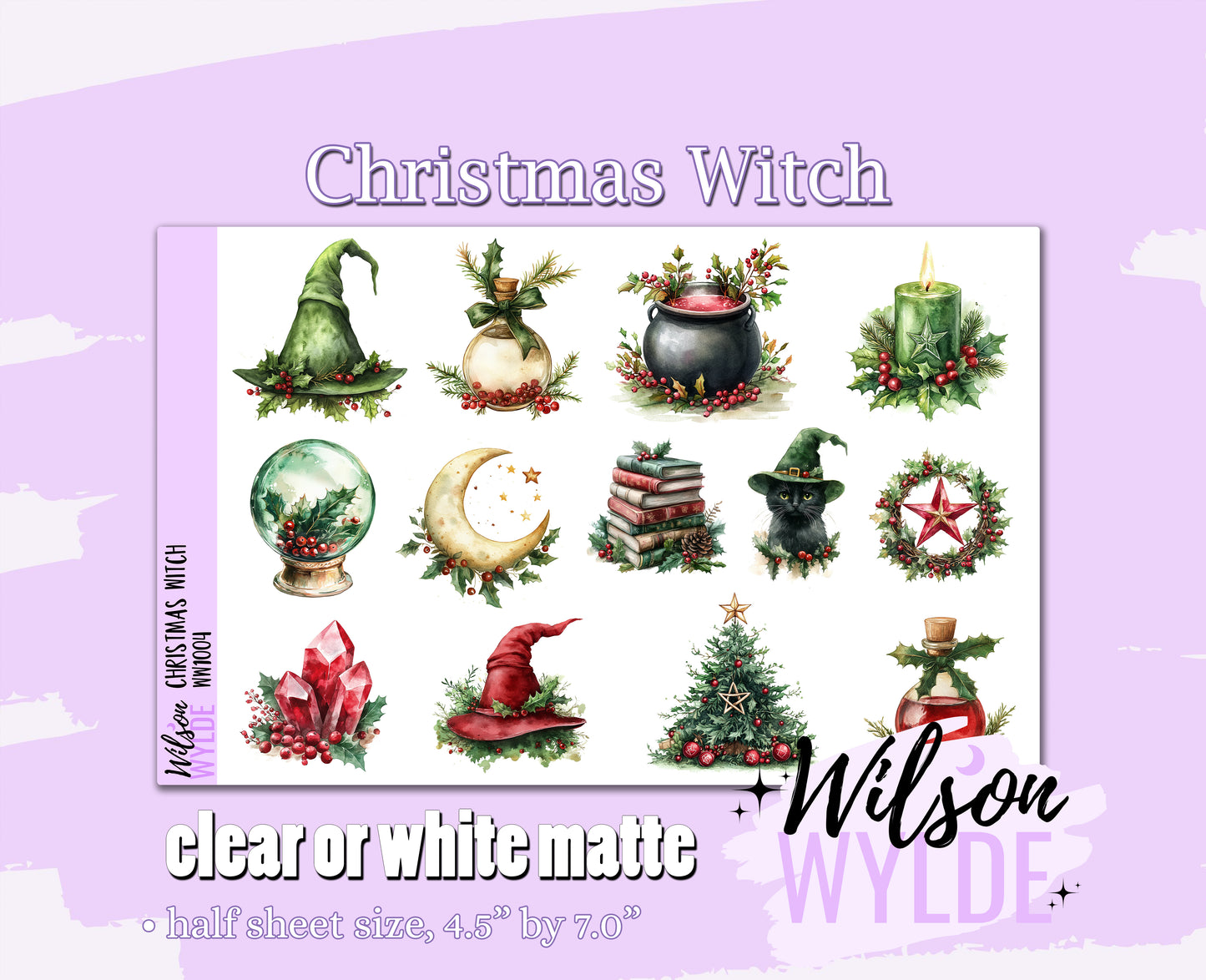 Christmas Witch deco planner stickers, Matte or frosted clear. WW1004