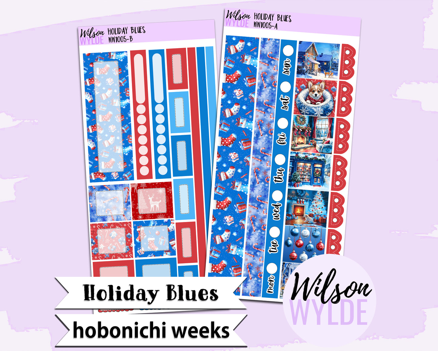 Holiday Blues weekly sticker kit, HOBONICHI WEEKS format, a la carte and bundle options. WW1005