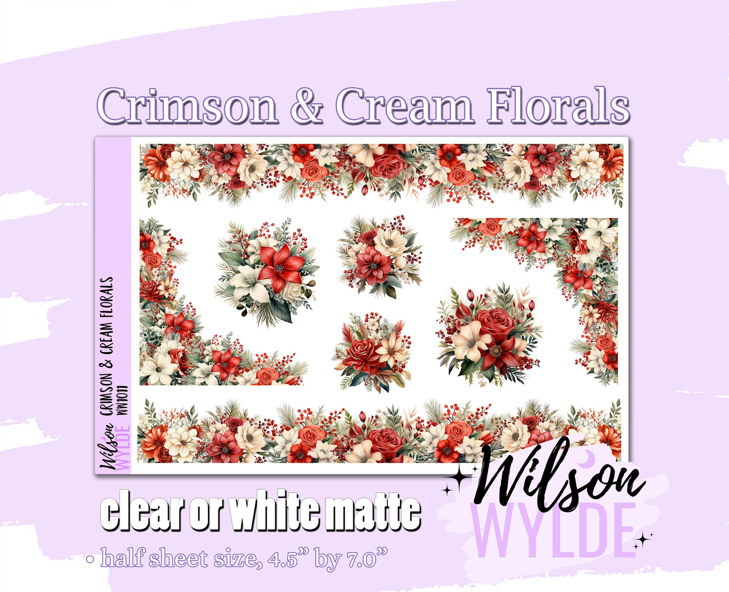 Crimson & Cream Florals deco planner stickers, Matte or frosted clear. WW1011