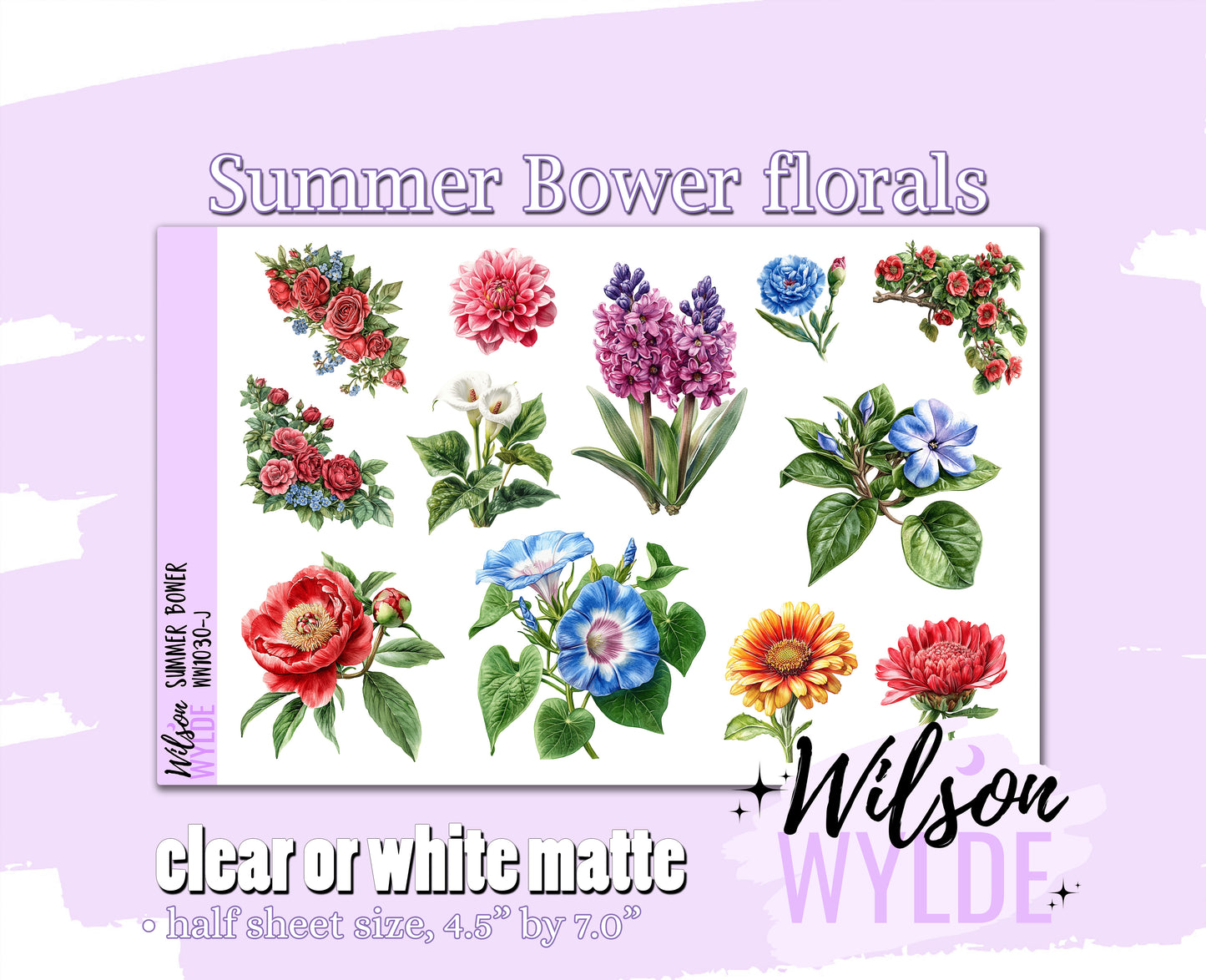 Summer Bower florals deco planner stickers, Matte or frosted clear. WW1030