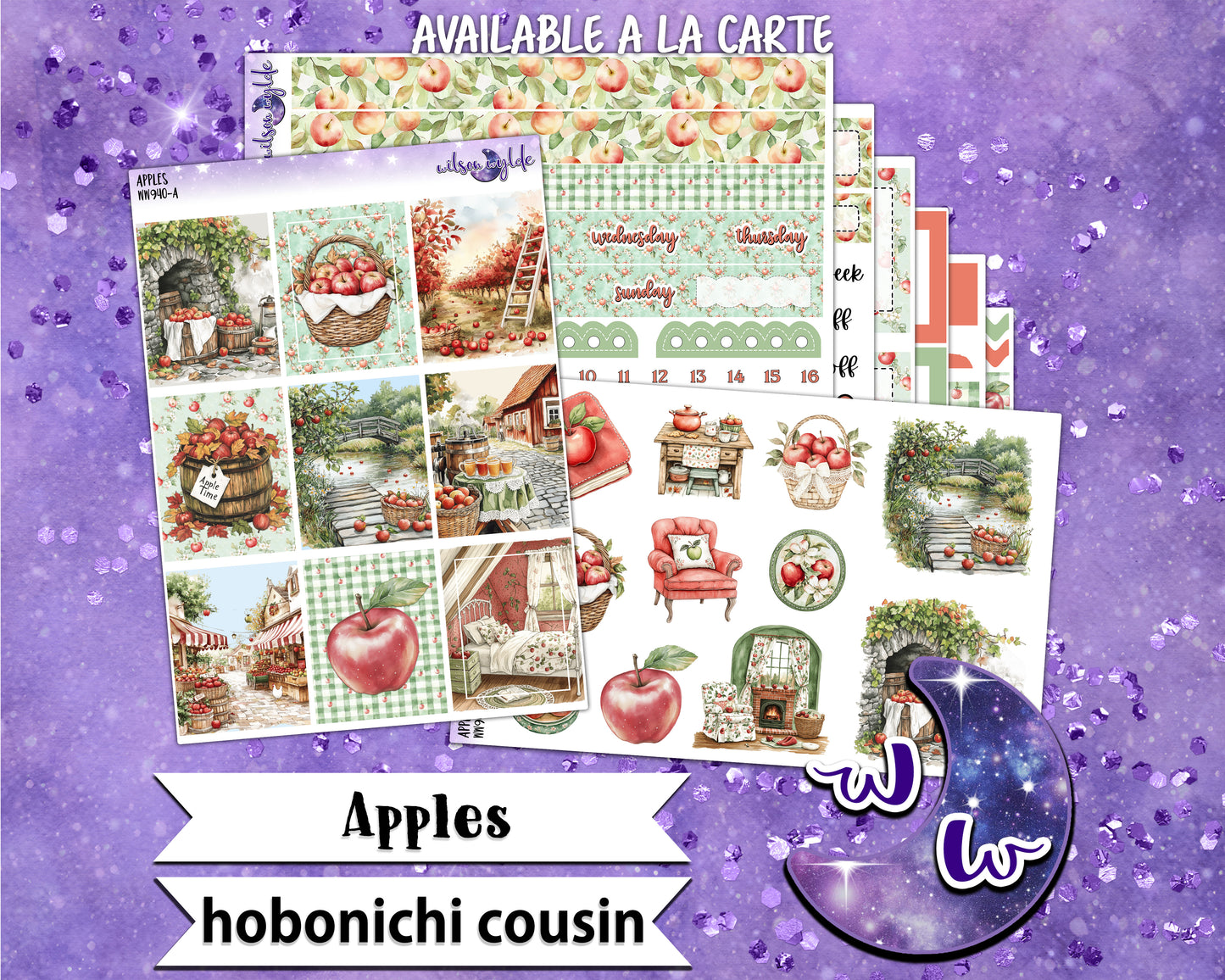 Apples weekly sticker kit, HOBONICHI COUSIN format, a la carte and bundle options. WW940