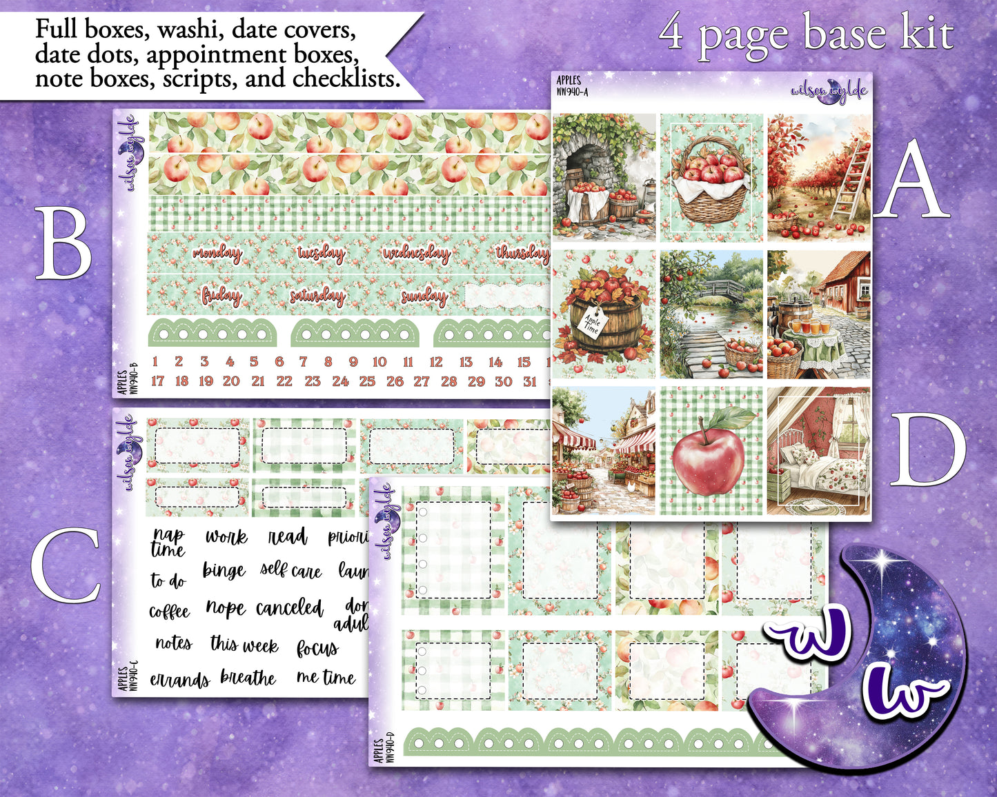 Apples weekly sticker kit, HOBONICHI COUSIN format, a la carte and bundle options. WW940