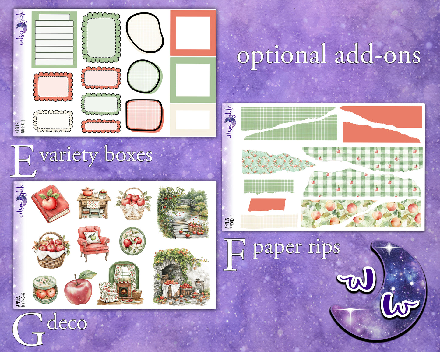 Apples weekly sticker kit, HOBONICHI COUSIN format, a la carte and bundle options. WW940