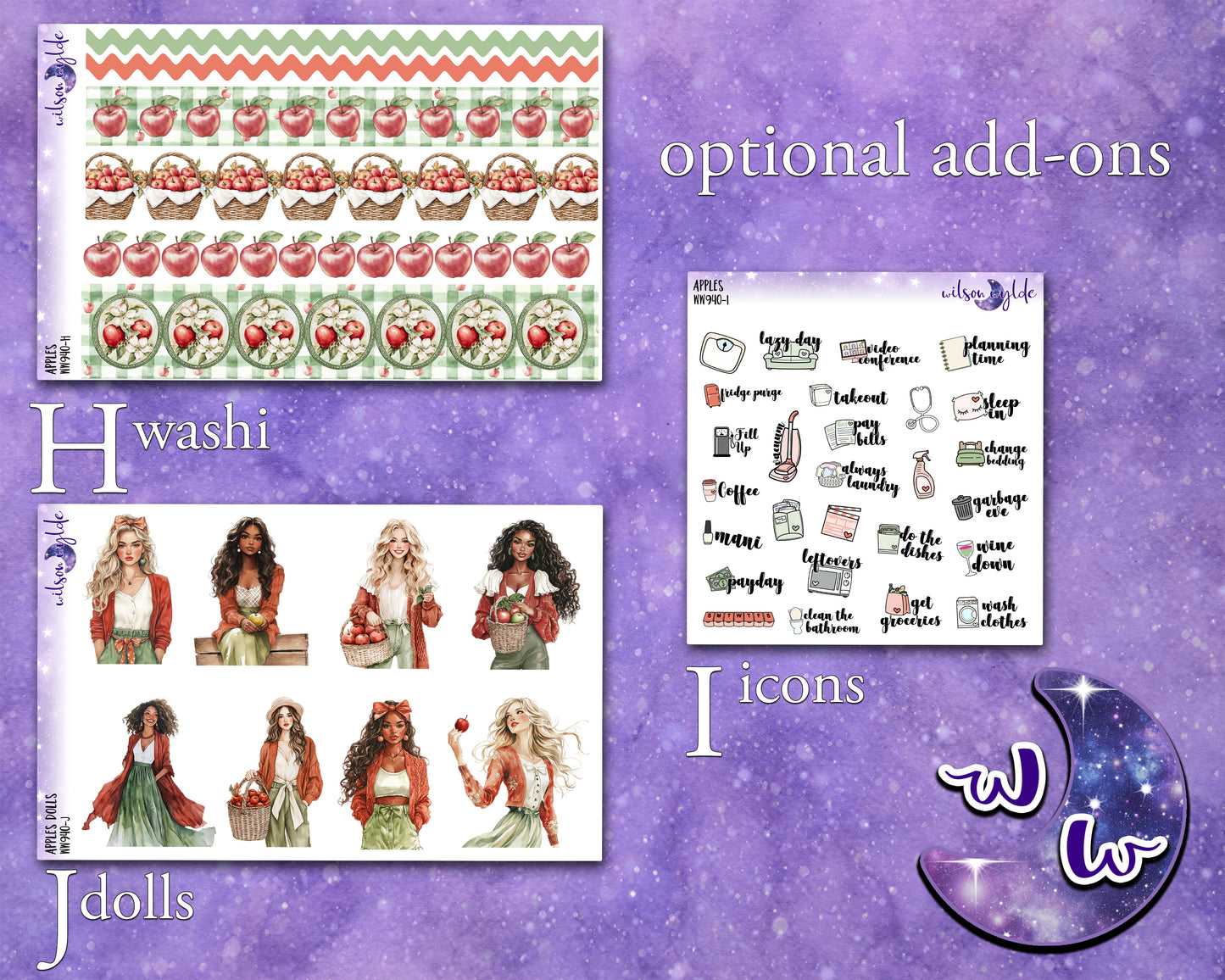 Apples weekly sticker kit, HOBONICHI COUSIN format, a la carte and bundle options. WW940