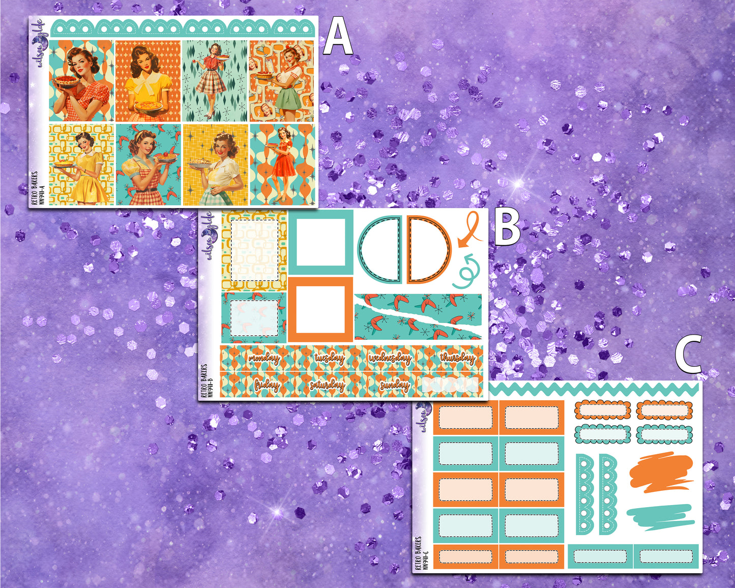 Retro Bakers mini weekly sticker kit, Cousin or Standard Vertical format, a la carte and bundle options. WW941