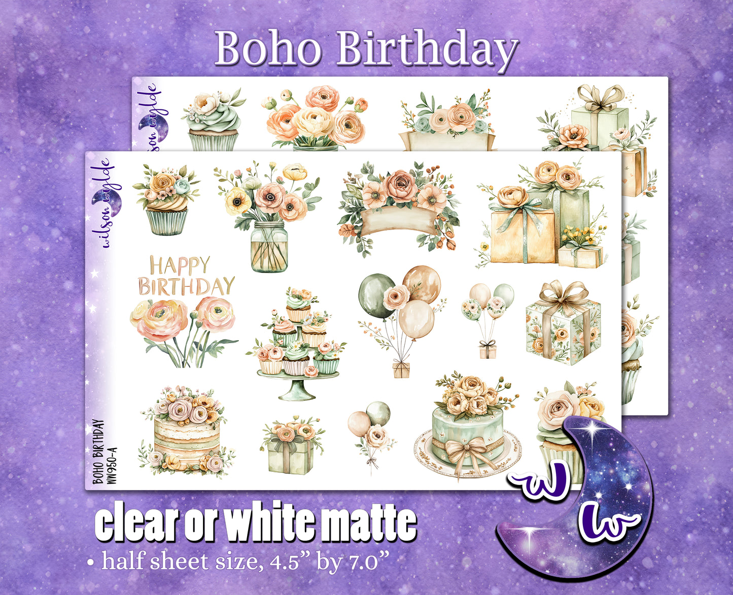 Boho Birthday deco planner stickers, Matte or frosted clear. WW950