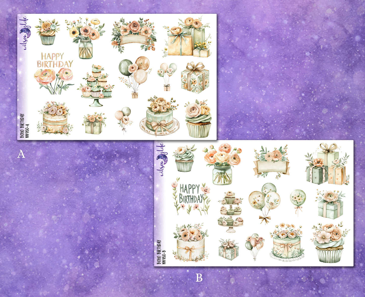 Boho Birthday deco planner stickers, Matte or frosted clear. WW950