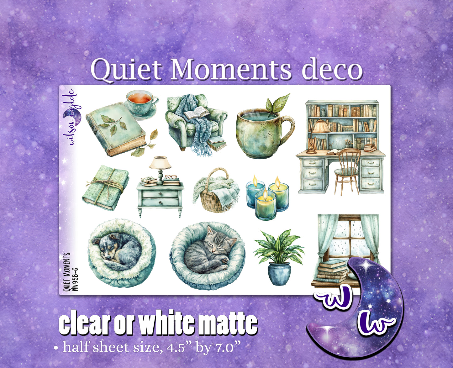 Quiet Moments deco planner stickers, Matte or frosted clear. WW958