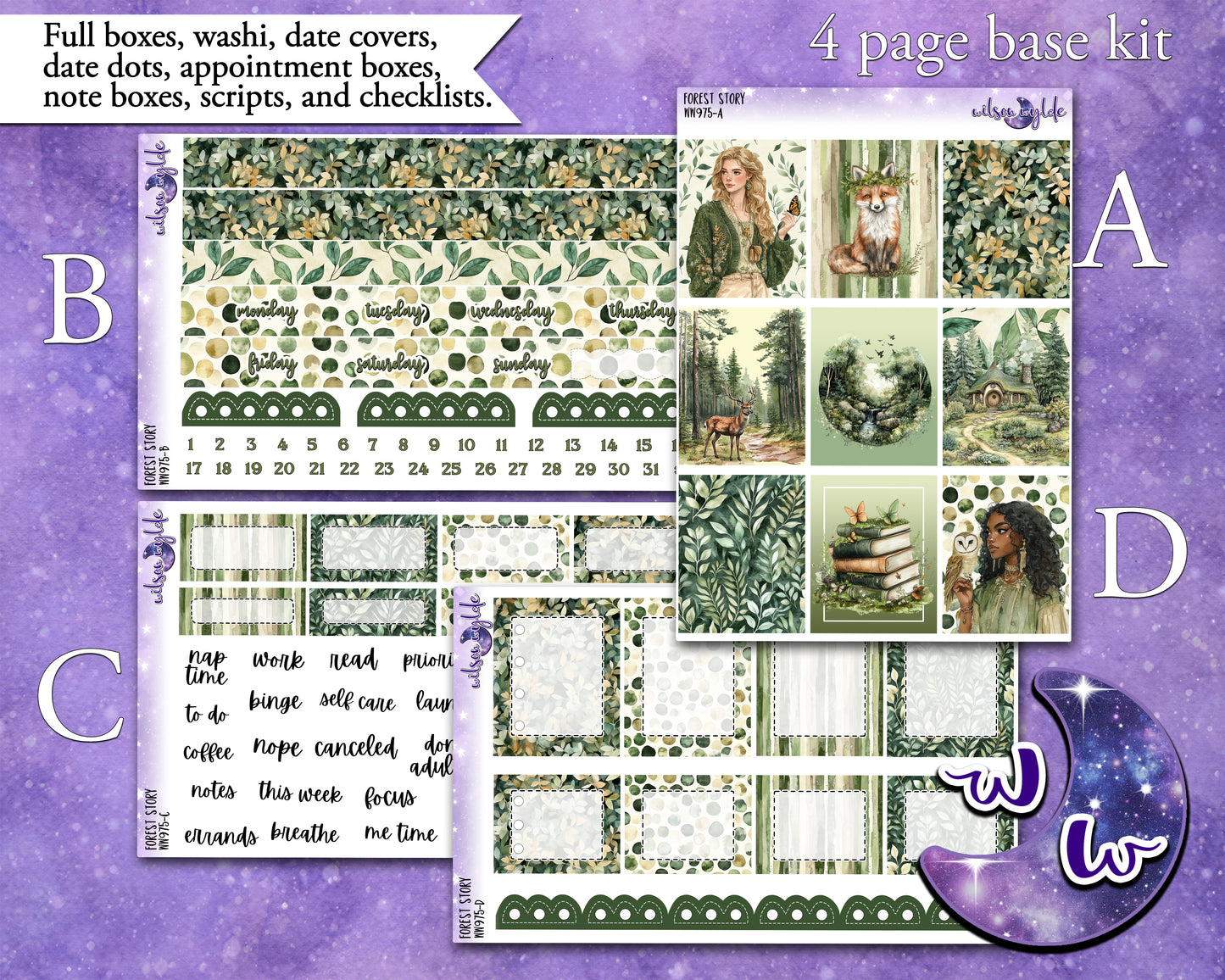 Forest Story weekly sticker kit, STANDARD VERTICAL format, a la carte and bundle options. WW975