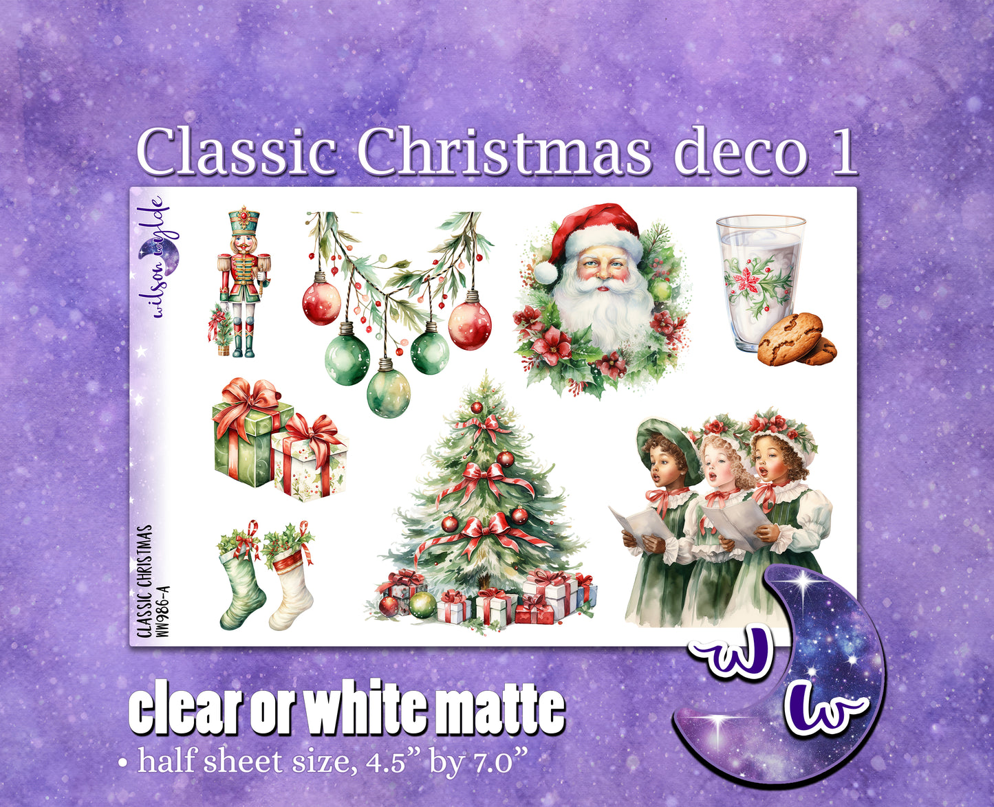 Classic Christmas deco 1 planner stickers, Matte or frosted clear. WW986