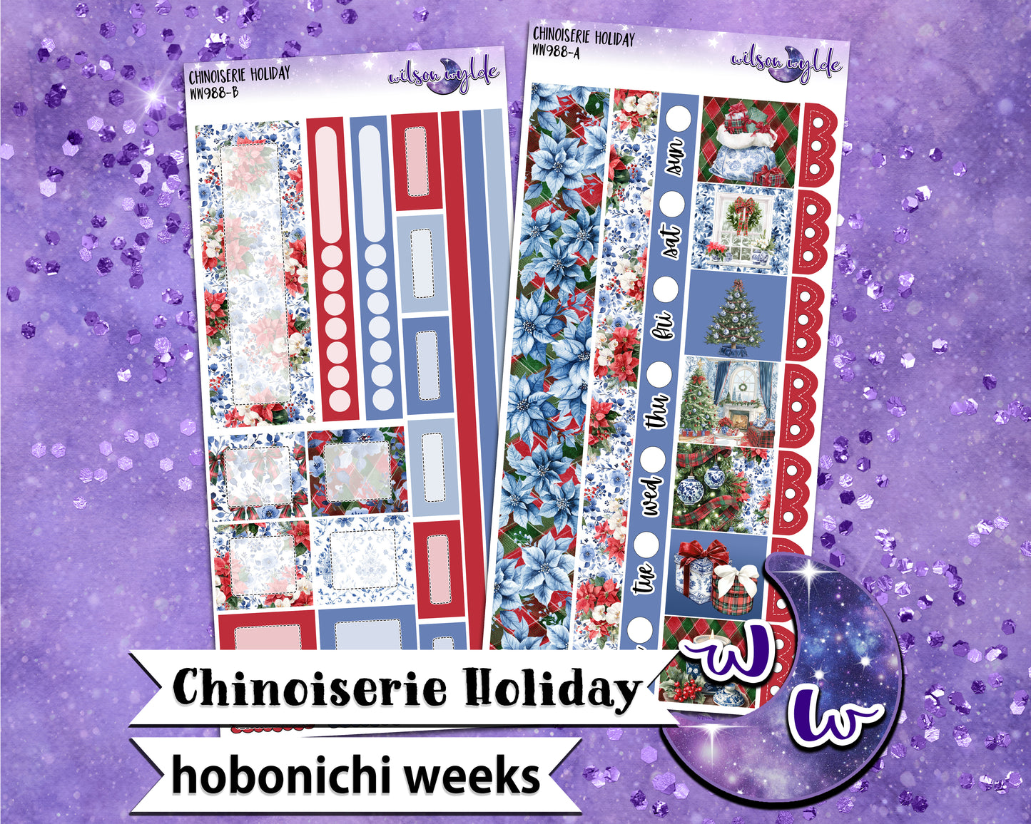 Chinoiserie Holiday weekly sticker kit, HOBONICHI WEEKS format, a la carte and bundle options. WW988