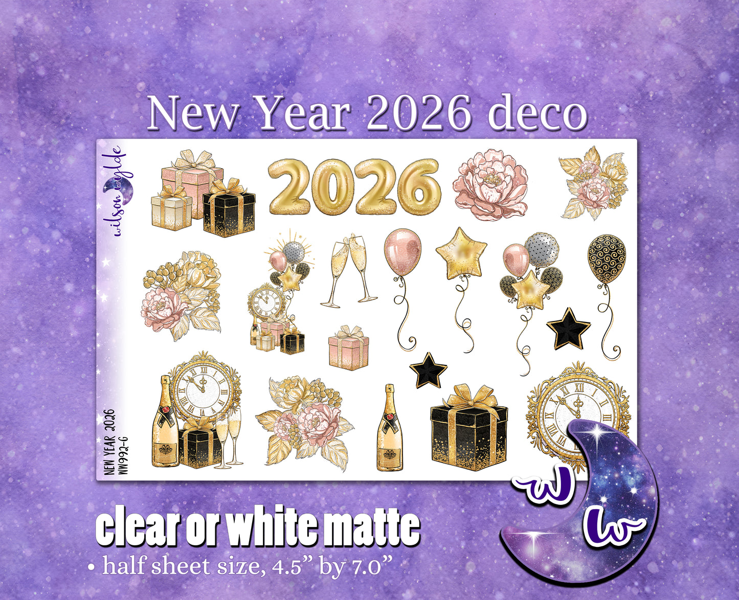 New Year 2026 deco planner stickers, Matte or frosted clear. WW992