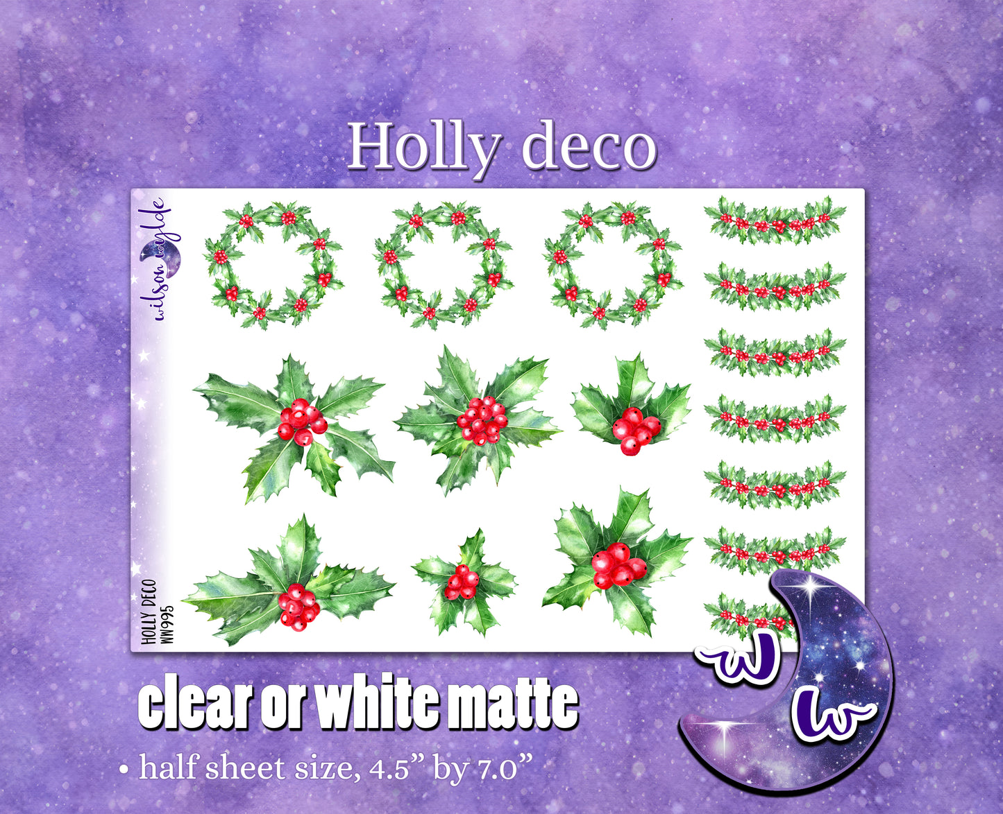 Holly deco planner stickers, Matte or frosted clear. WW995