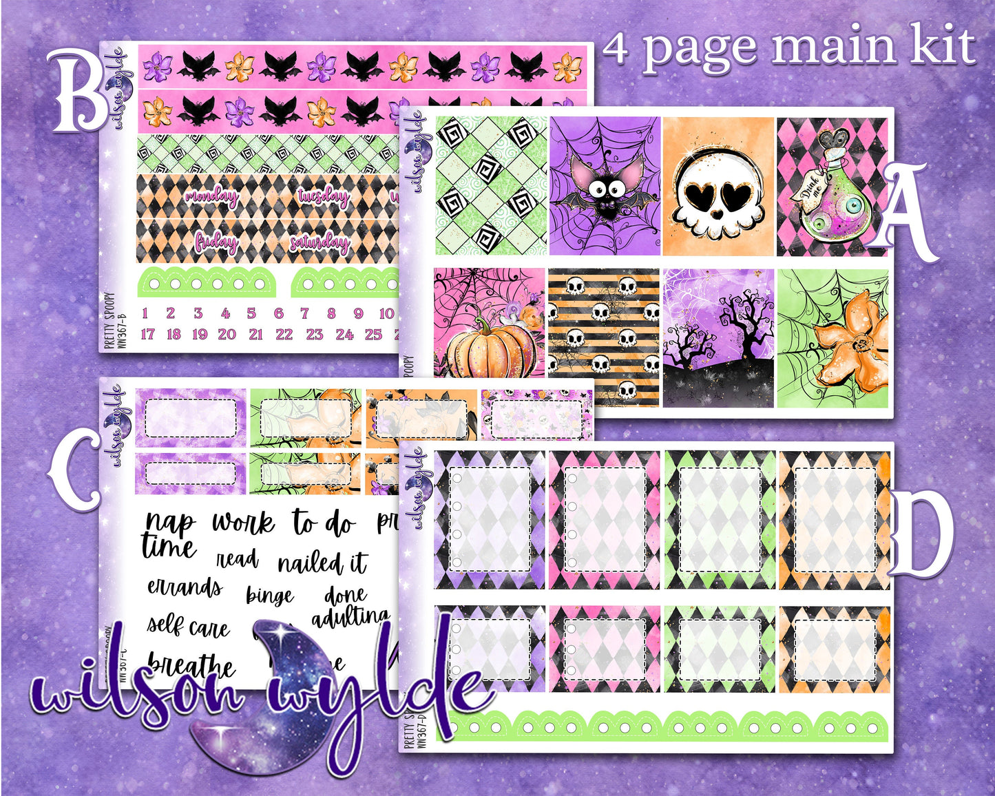 Pretty Spoopy full weekly sticker kit, HOBONICHI COUSIN format, a la carte and bundle options. WW367