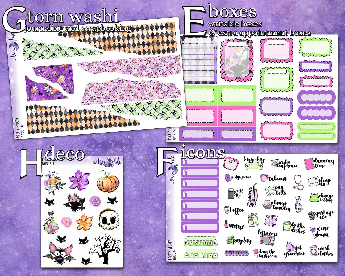 Pretty Spoopy full weekly sticker kit, HOBONICHI COUSIN format, a la carte and bundle options. WW367