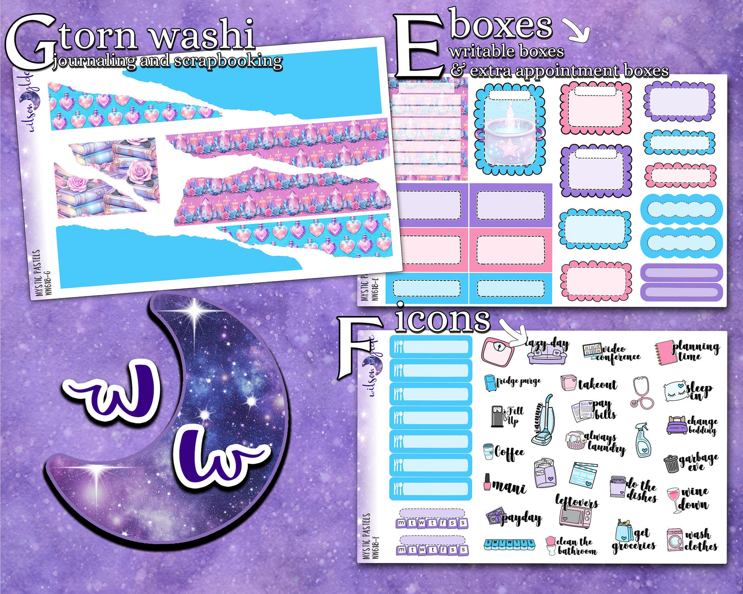 Mystic Pastels full weekly sticker kit, HOBONICHI COUSIN format, a la carte and bundle options. WW618