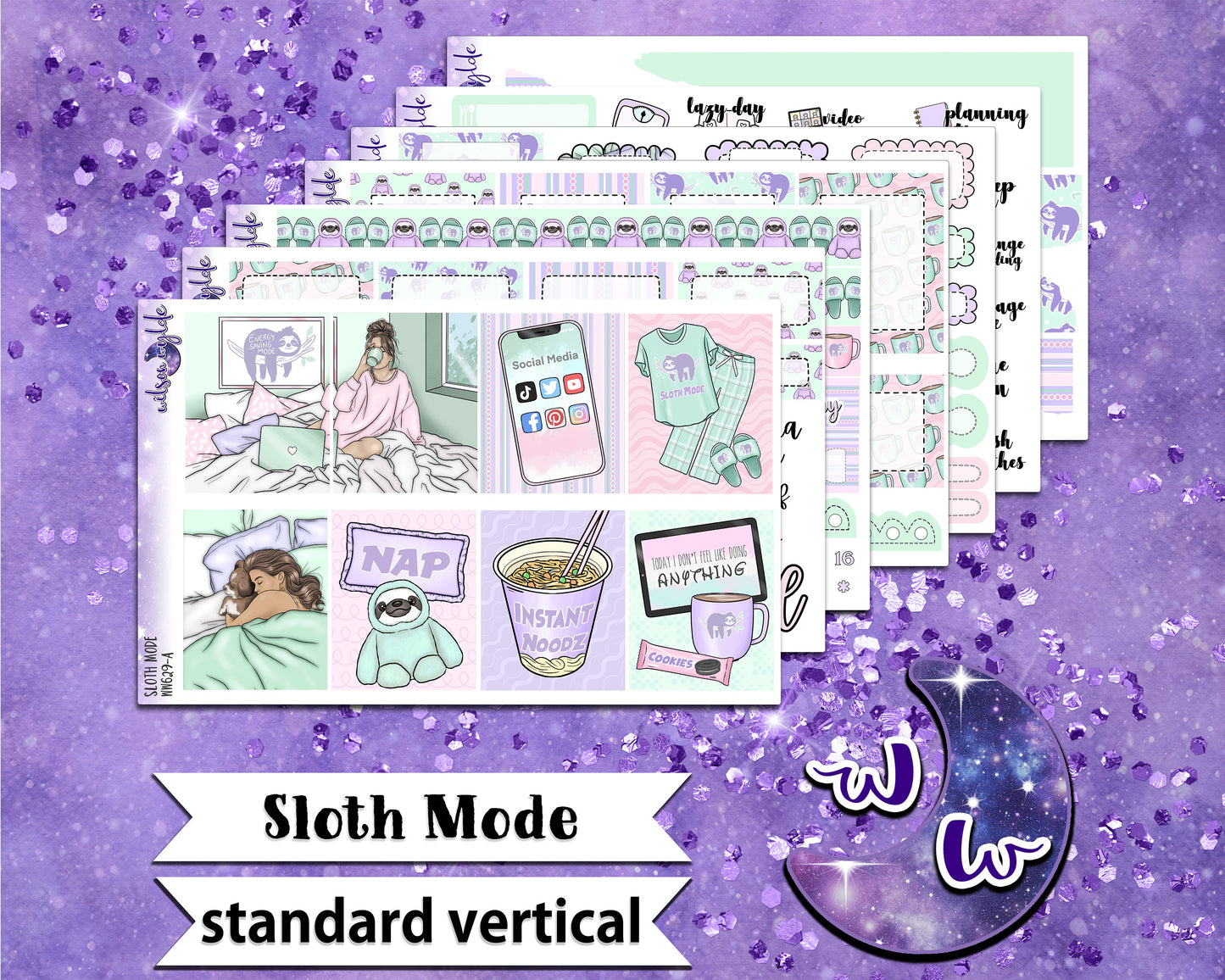 Sloth Mode full weekly sticker kit, STANDARD VERTICAL format, a la carte and bundle options. WW629