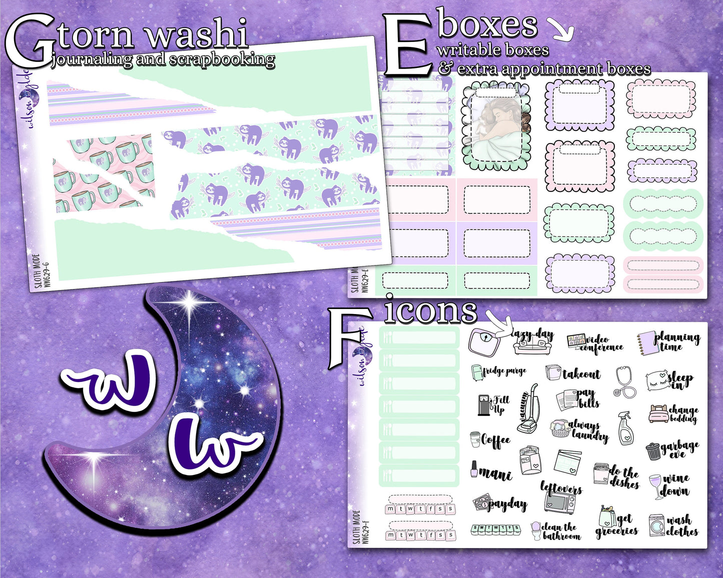 Sloth Mode full weekly sticker kit, STANDARD VERTICAL format, a la carte and bundle options. WW629