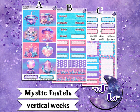 Mystic Pastels weekly sticker kit, VERTICAL WEEKS format, Print Pression weeks, a la carte and bundle options. WW618