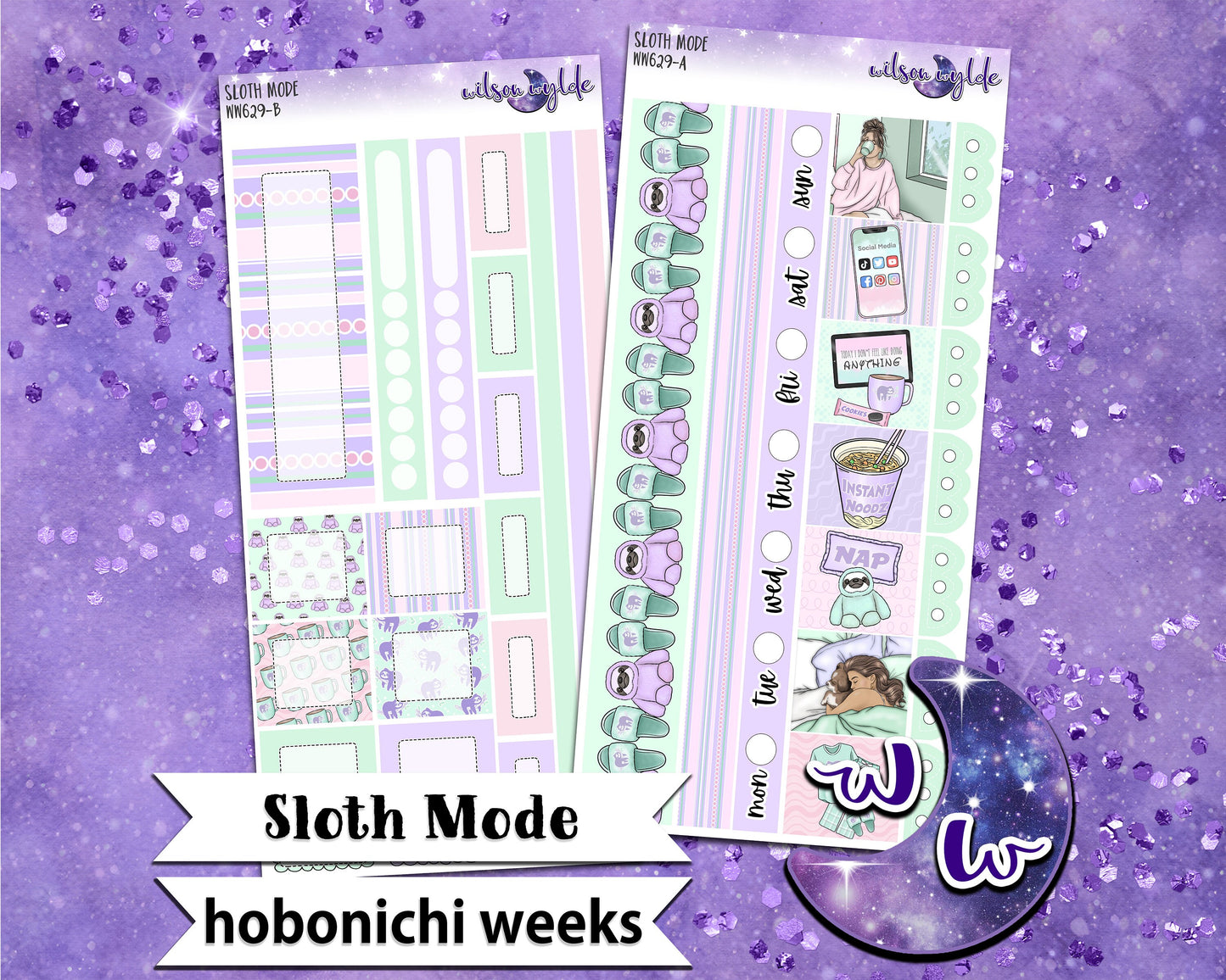 Sloth Mode weekly sticker kit, HOBONICHI WEEKS format, a la carte and bundle options. WW629