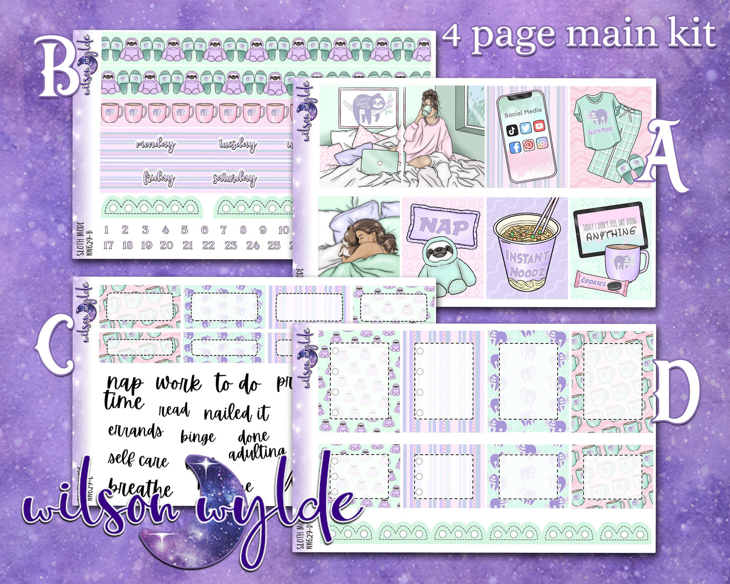 Sloth Mode full weekly sticker kit, STANDARD VERTICAL format, a la carte and bundle options. WW629