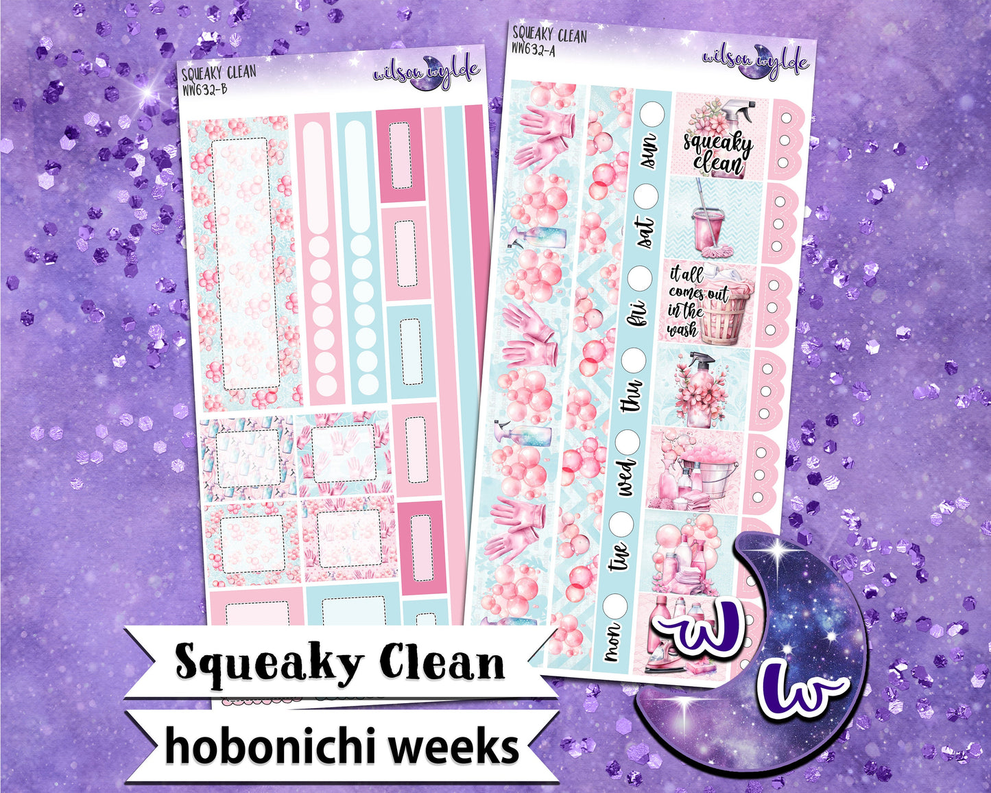 Squeaky Clean weekly sticker kit, HOBONICHI WEEKS format, a la carte and bundle options. WW632