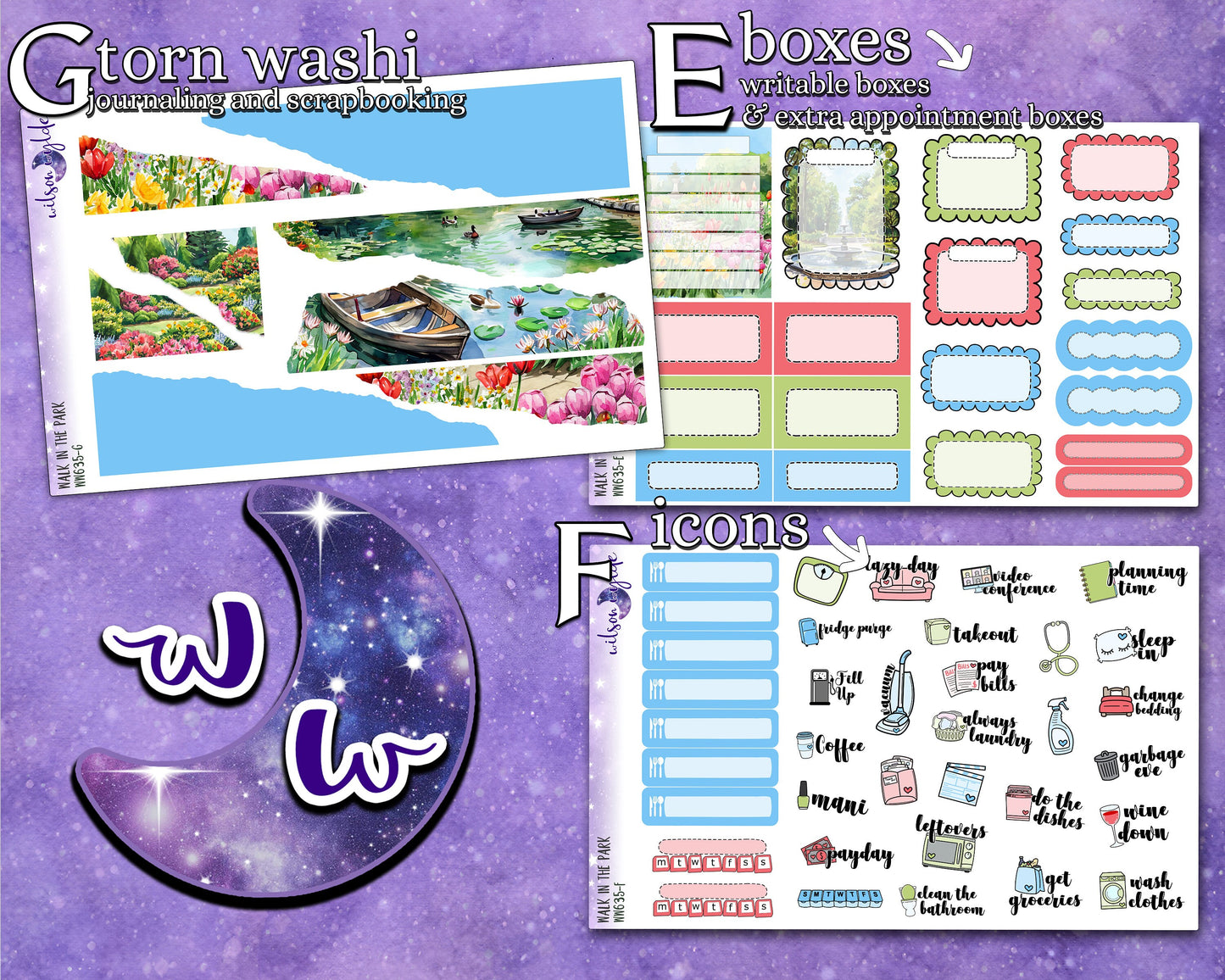 Walk in the Park full weekly sticker kit, STANDARD VERTICAL format, a la carte and bundle options. WW635
