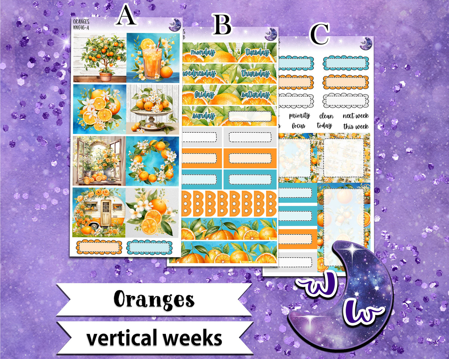 Oranges weekly sticker kit, VERTICAL WEEKS format, Print Pression weeks, a la carte and bundle options. WW646