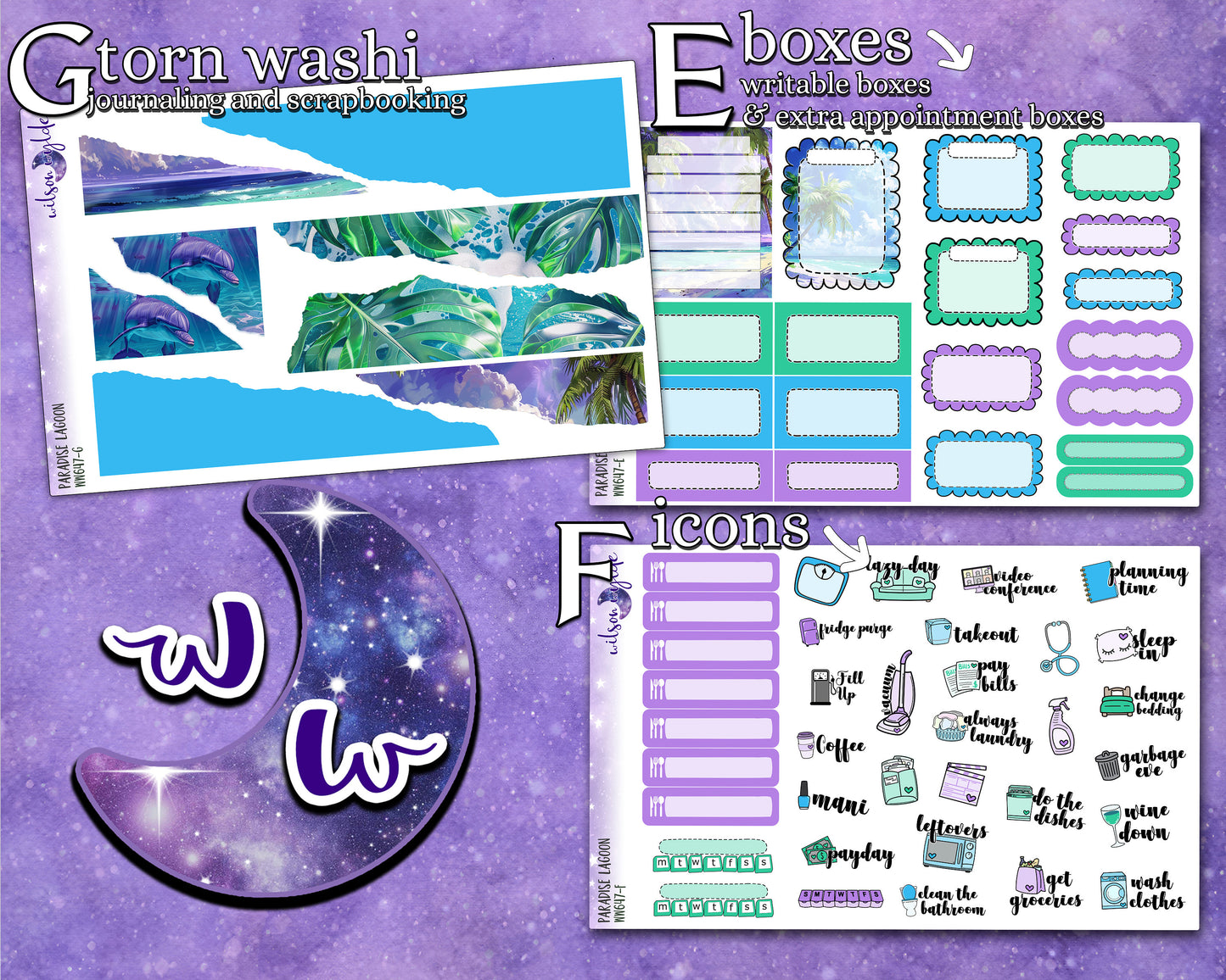 Paradise Lagoon full weekly sticker kit, HOBONICHI COUSIN format, a la carte and bundle options. WW647